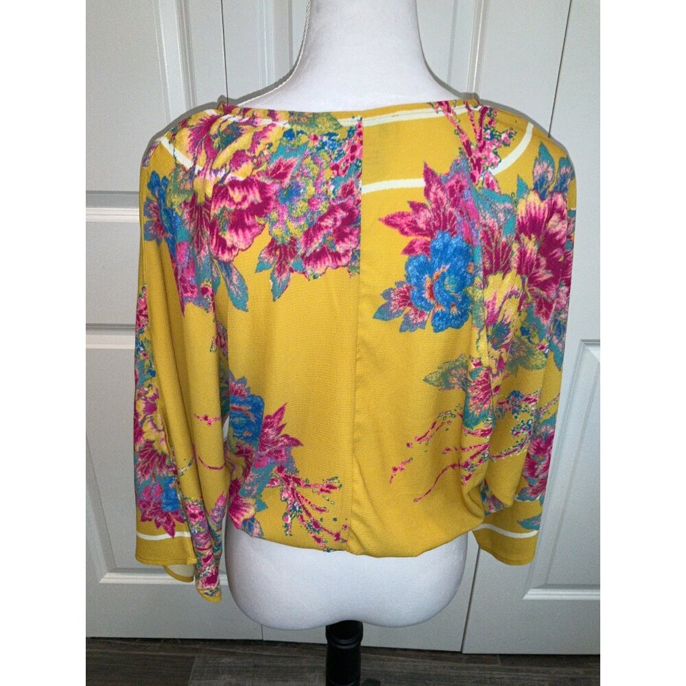 Flying Tomato Floral kimono wrap crop top/Blouse/Shirt MEDIUM Mustard Pink White - Picture 5 of 6
